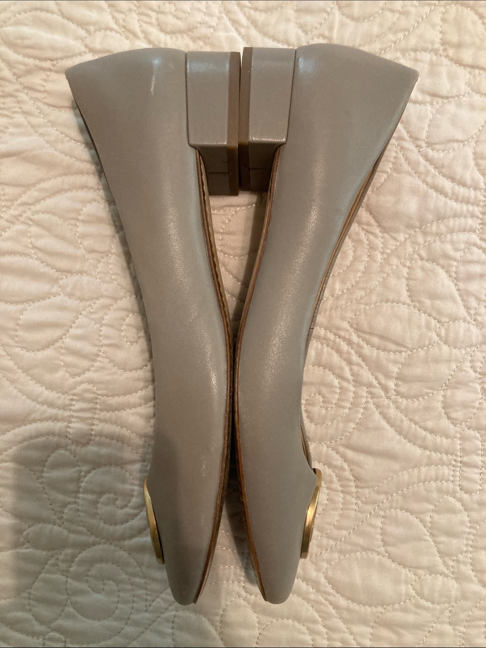 Tory Burch Chelsea Taupe Leather Logo Ballet Flats with Gold Medallions - Picture 4 of 12